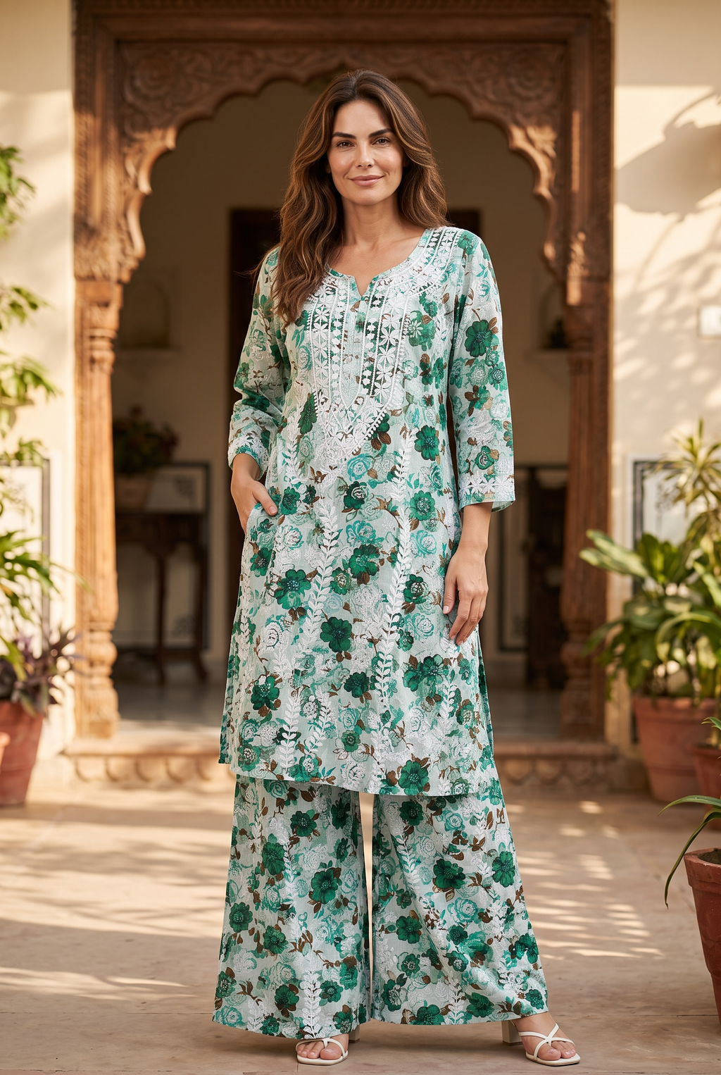 Green Floral Cotton Kurta Set