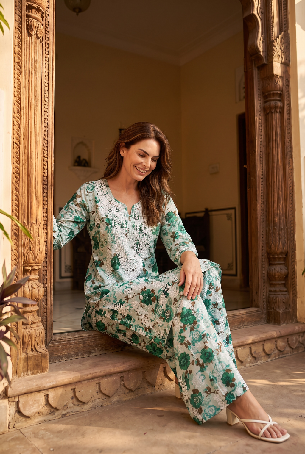 Green Floral Cotton Kurta Set