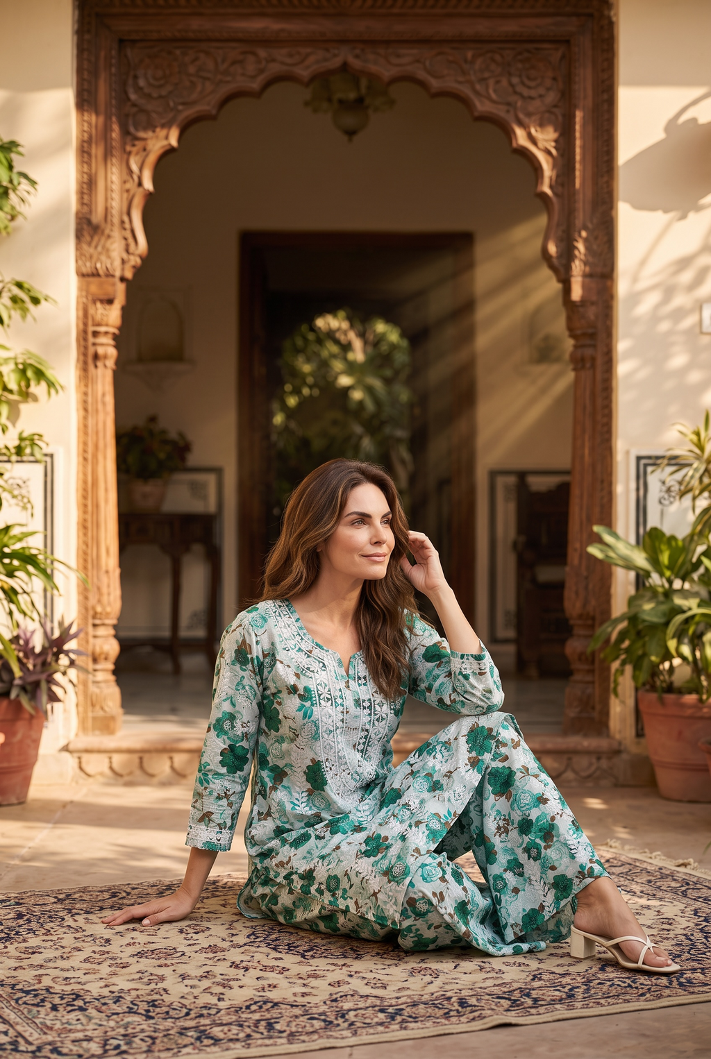 Green Floral Cotton Kurta Set