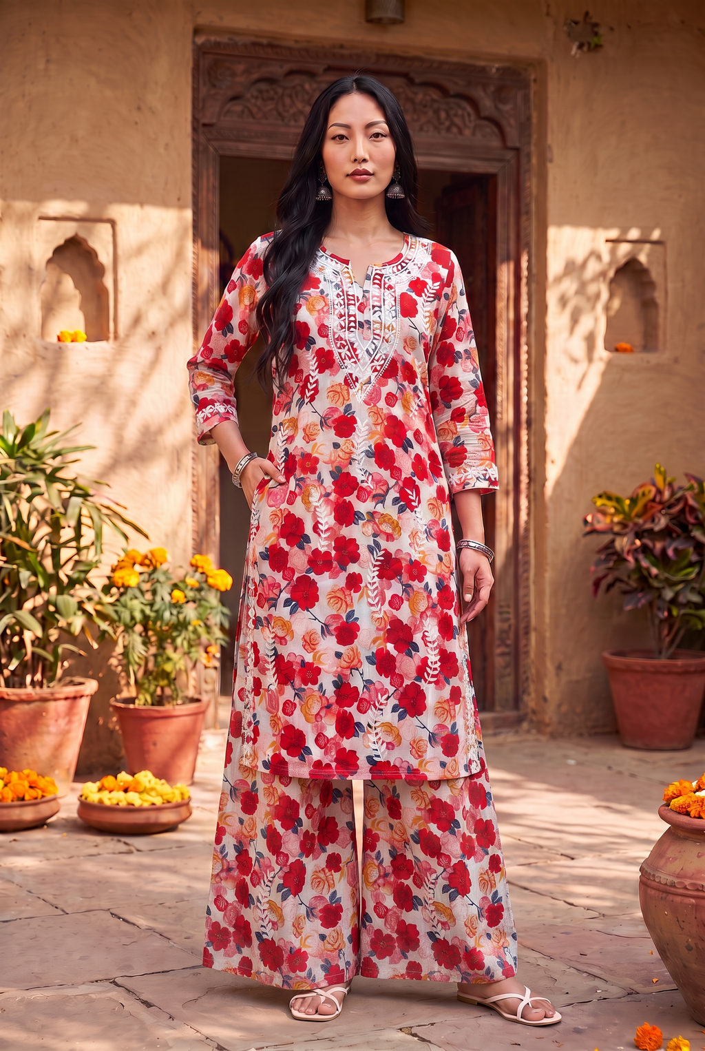 Red Floral Cotton Kurta Set