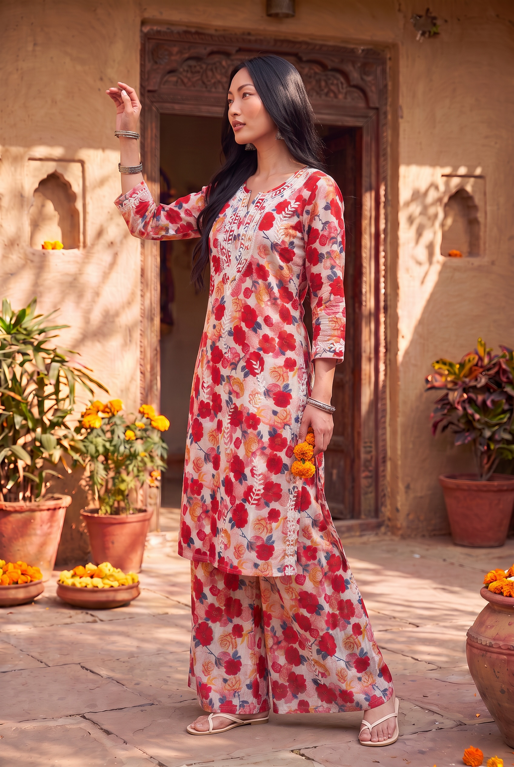 Red Floral Cotton Kurta Set
