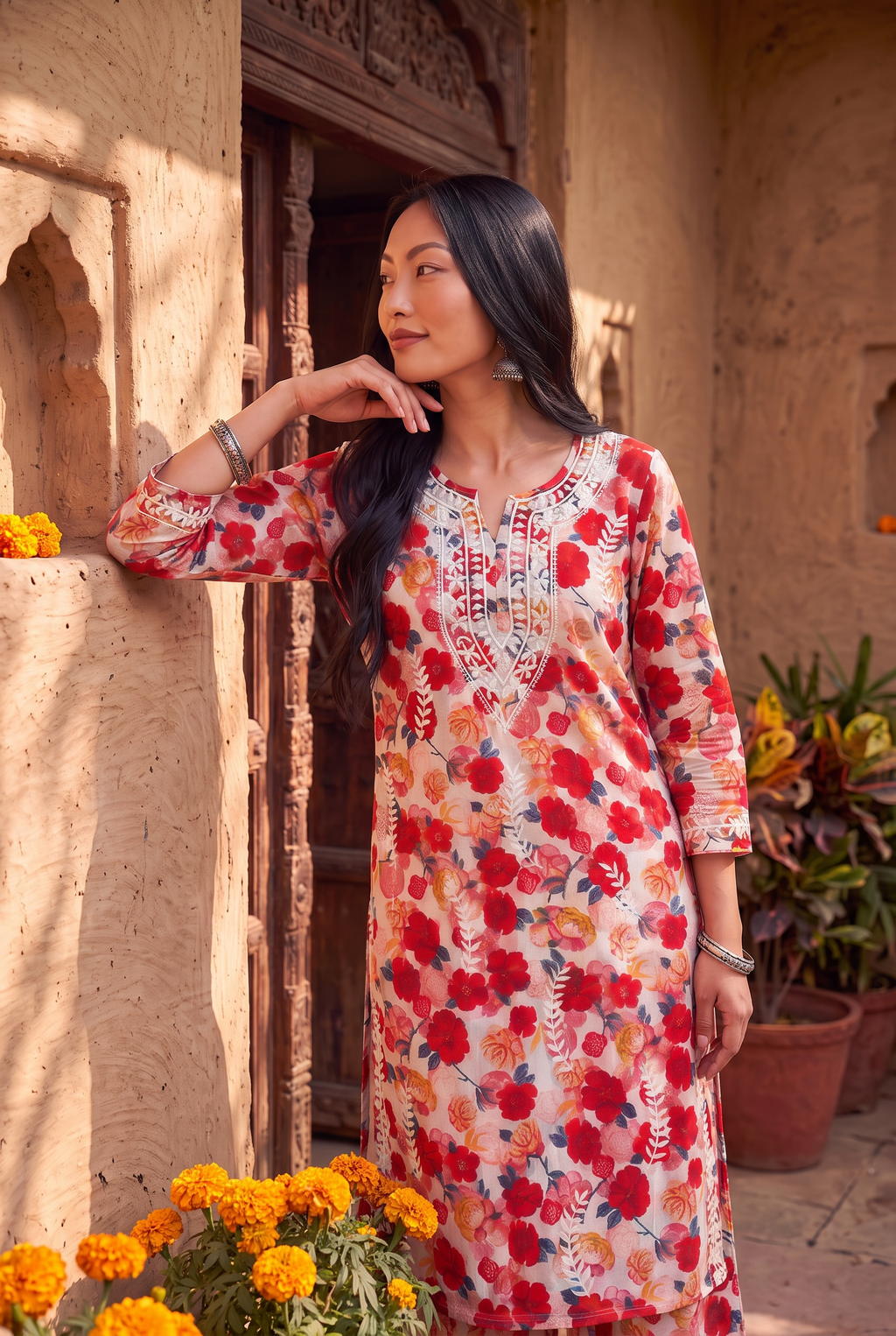 Red Floral Cotton Kurta Set