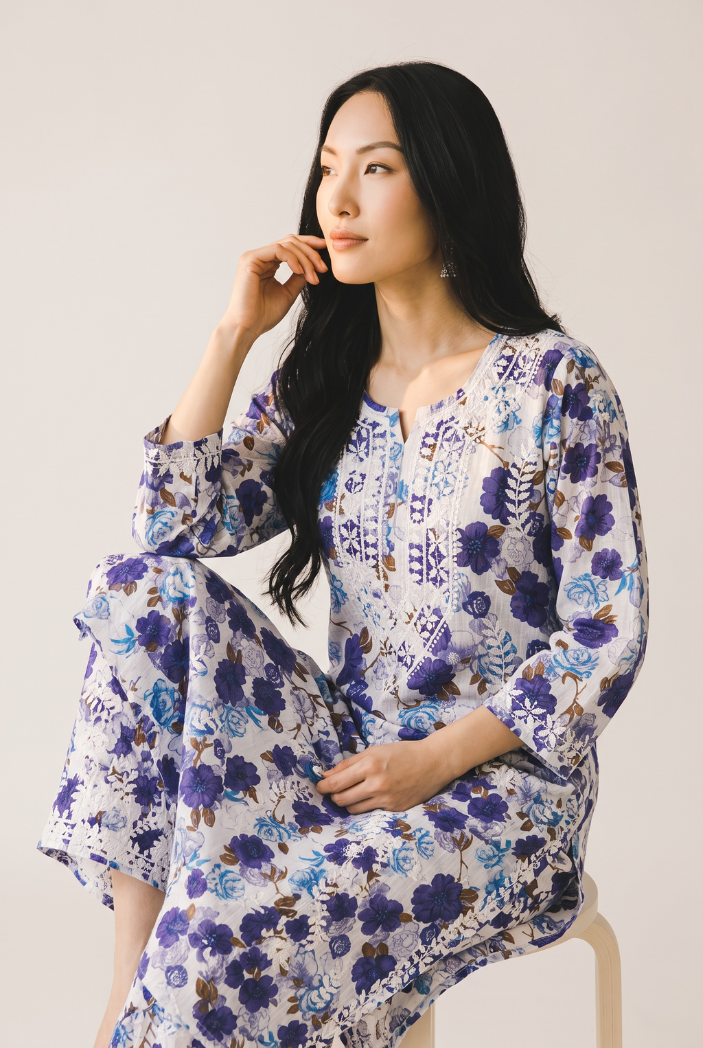 Blue Floral Cotton Kurta Set