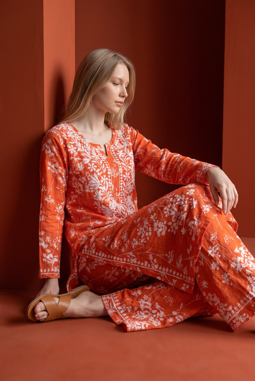 Hand Chikankari Printed Cotton Kurta Palazzo Set