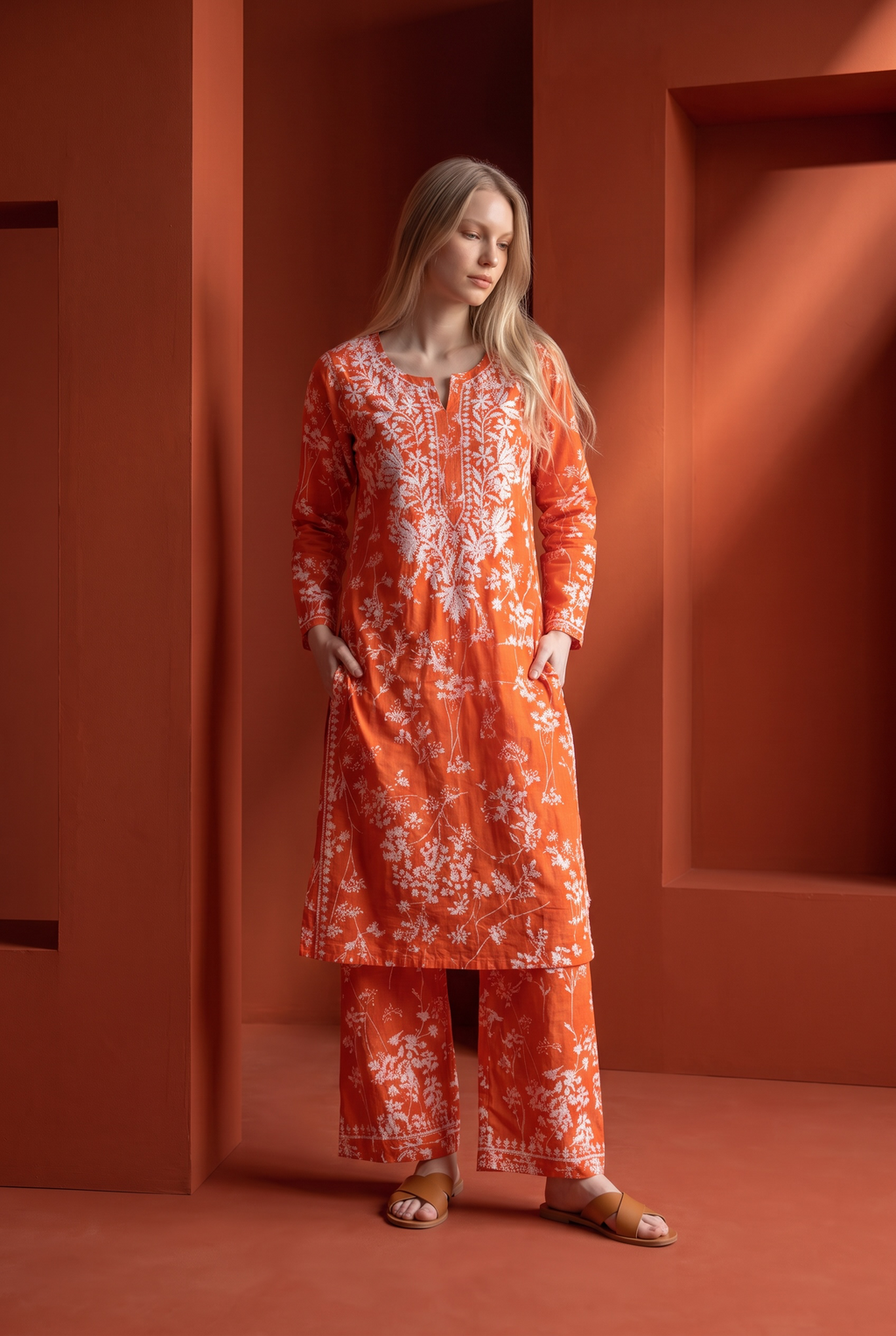 Hand Chikankari Printed Cotton Kurta Palazzo Set