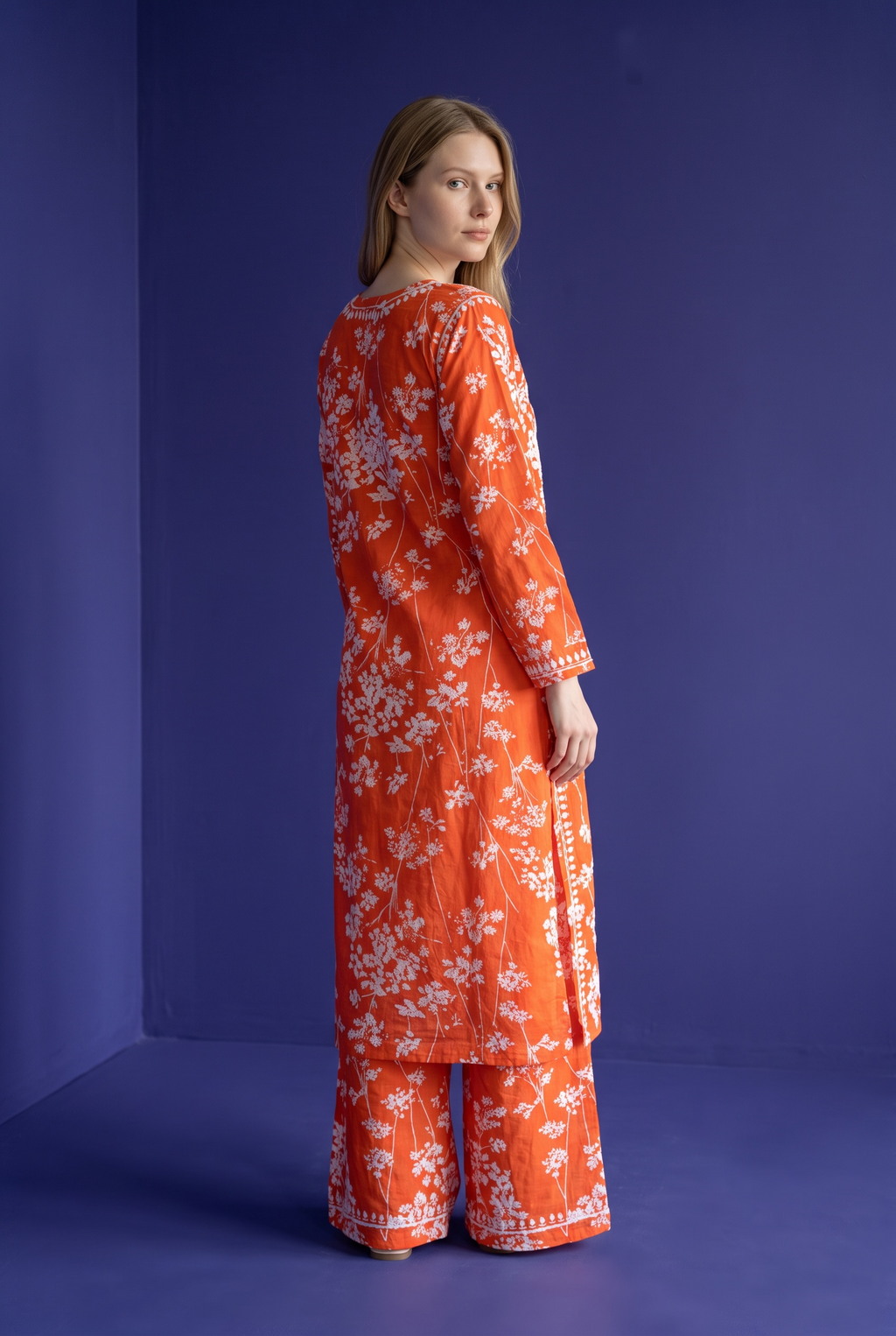 Hand Chikankari Printed Cotton Kurta Palazzo Set