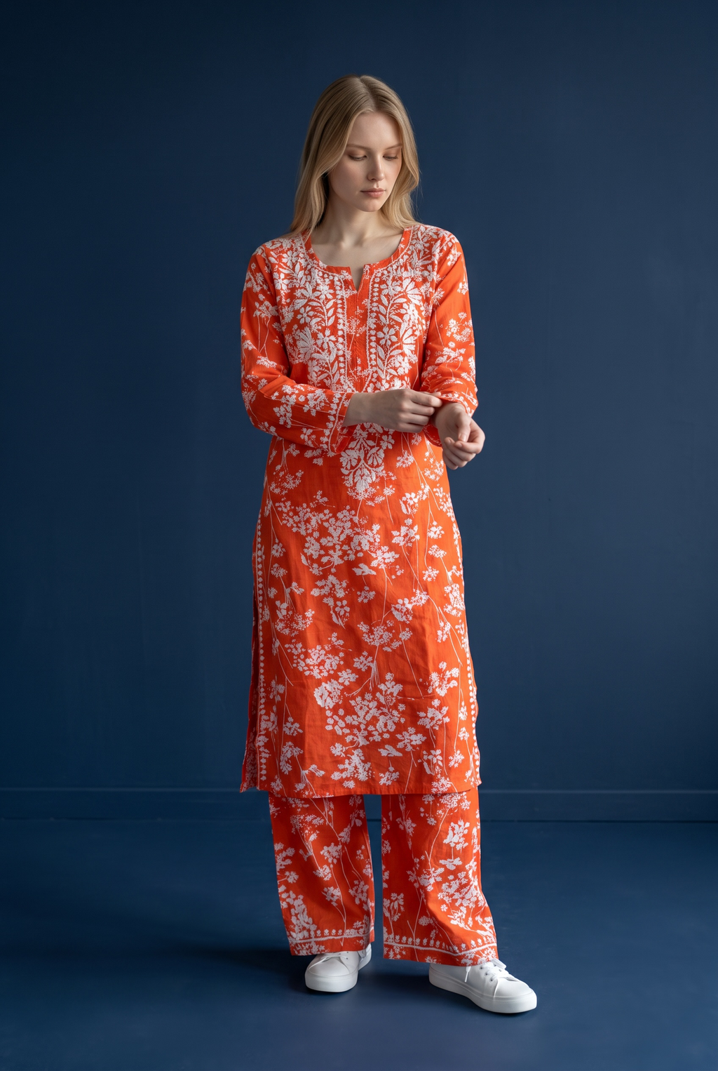 Hand Chikankari Printed Cotton Kurta Palazzo Set