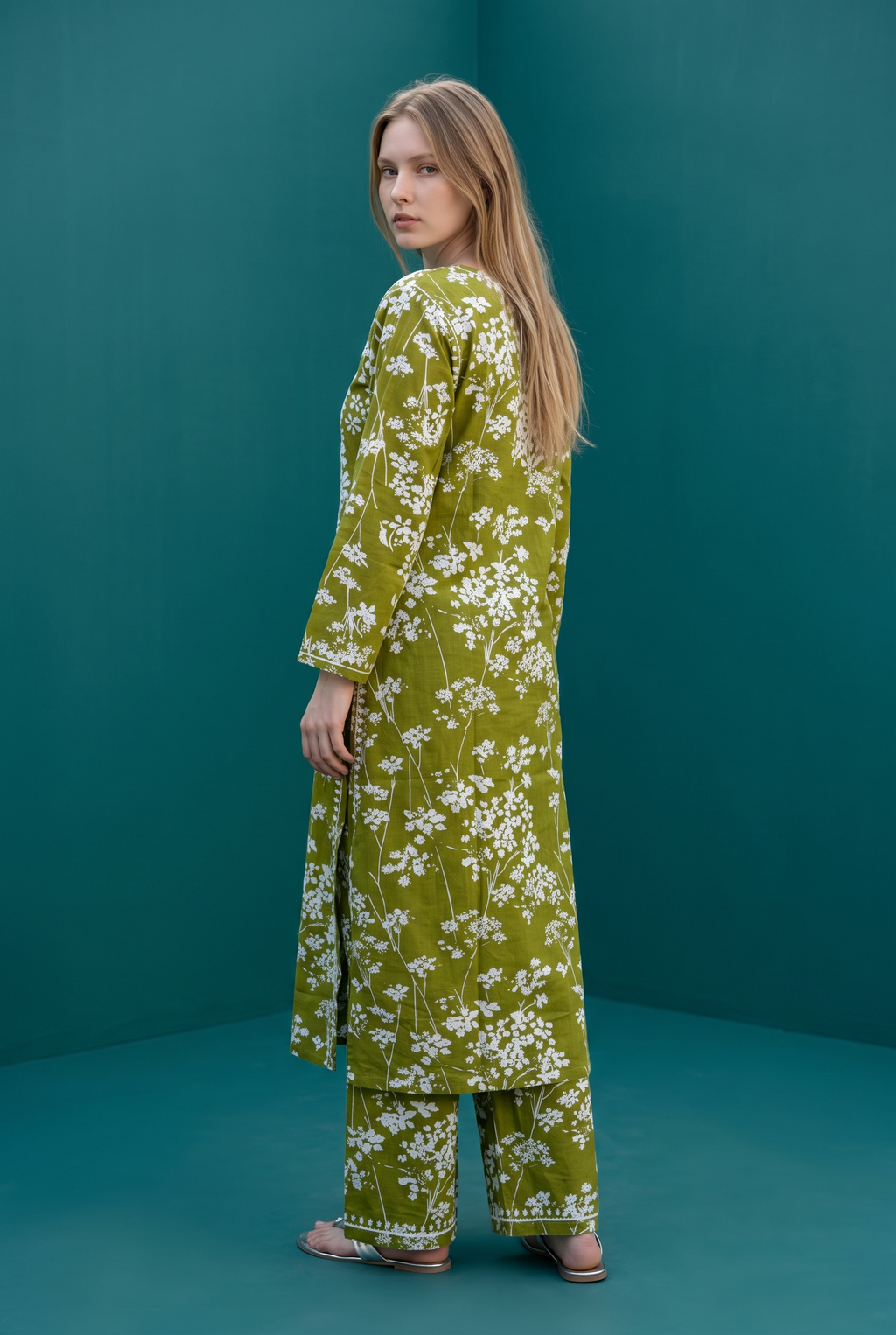 Hand Chikankari Printed Cotton Kurta Palazzo Set