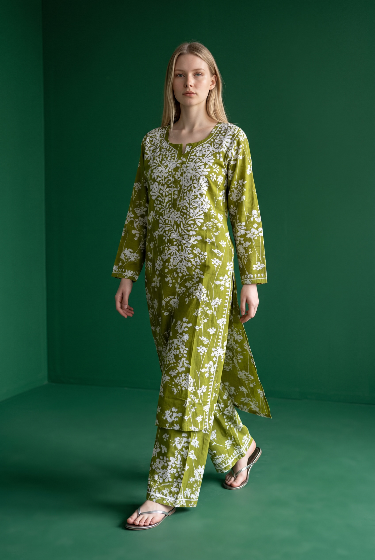 Hand Chikankari Printed Cotton Kurta Palazzo Set