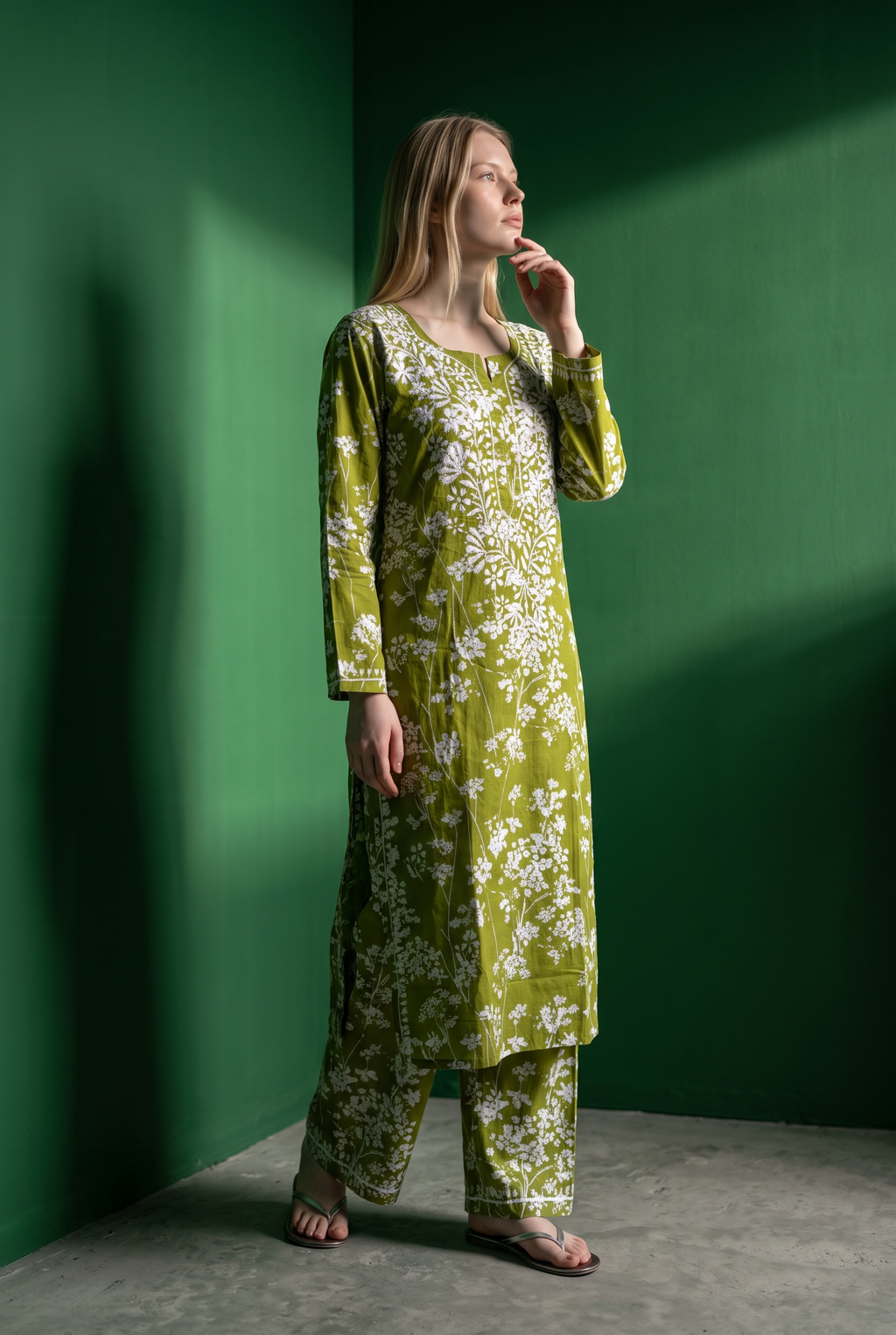 Hand Chikankari Printed Cotton Kurta Palazzo Set