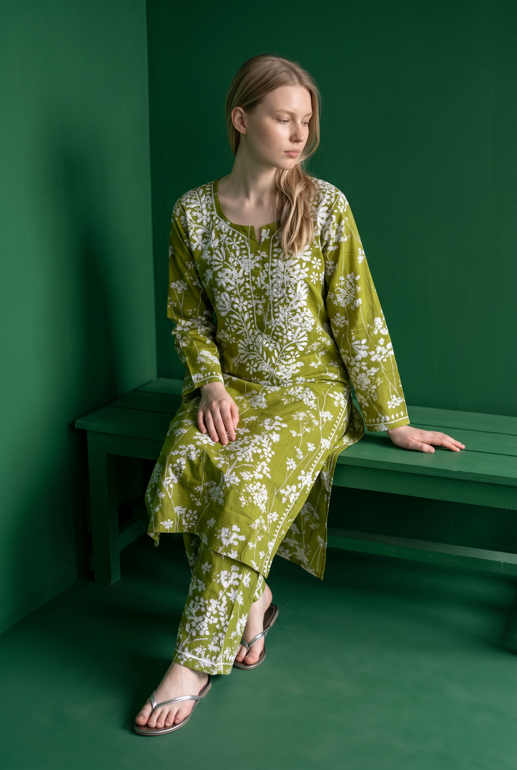 Hand Chikankari Printed Cotton Kurta Palazzo Set