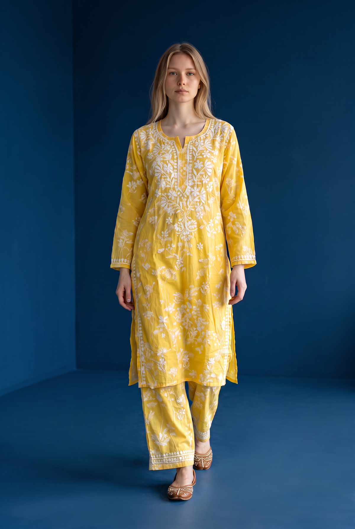 Hand Chikankari Printed Cotton Kurta Palazzo Set