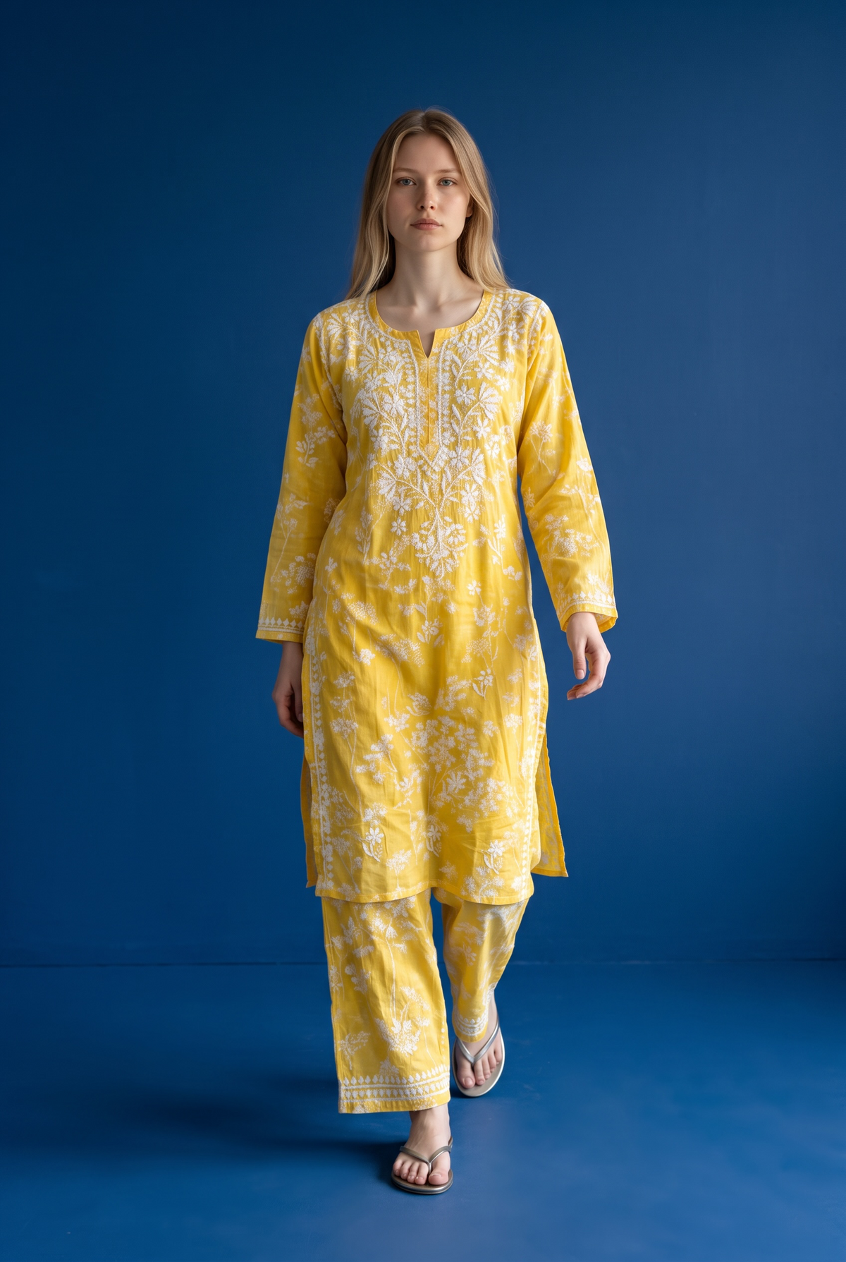 Hand Chikankari Printed Cotton Kurta Palazzo Set