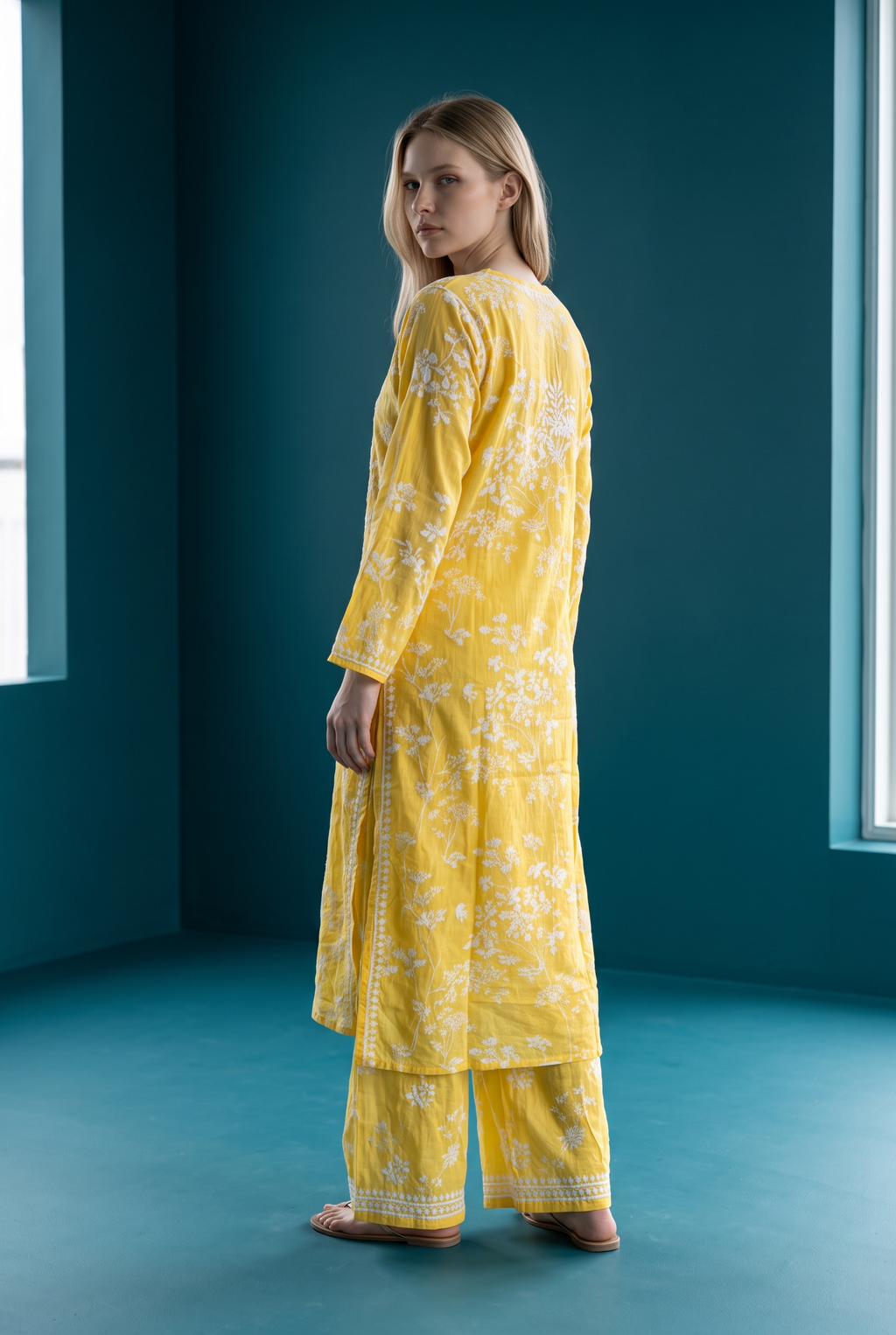 Hand Chikankari Printed Cotton Kurta Palazzo Set