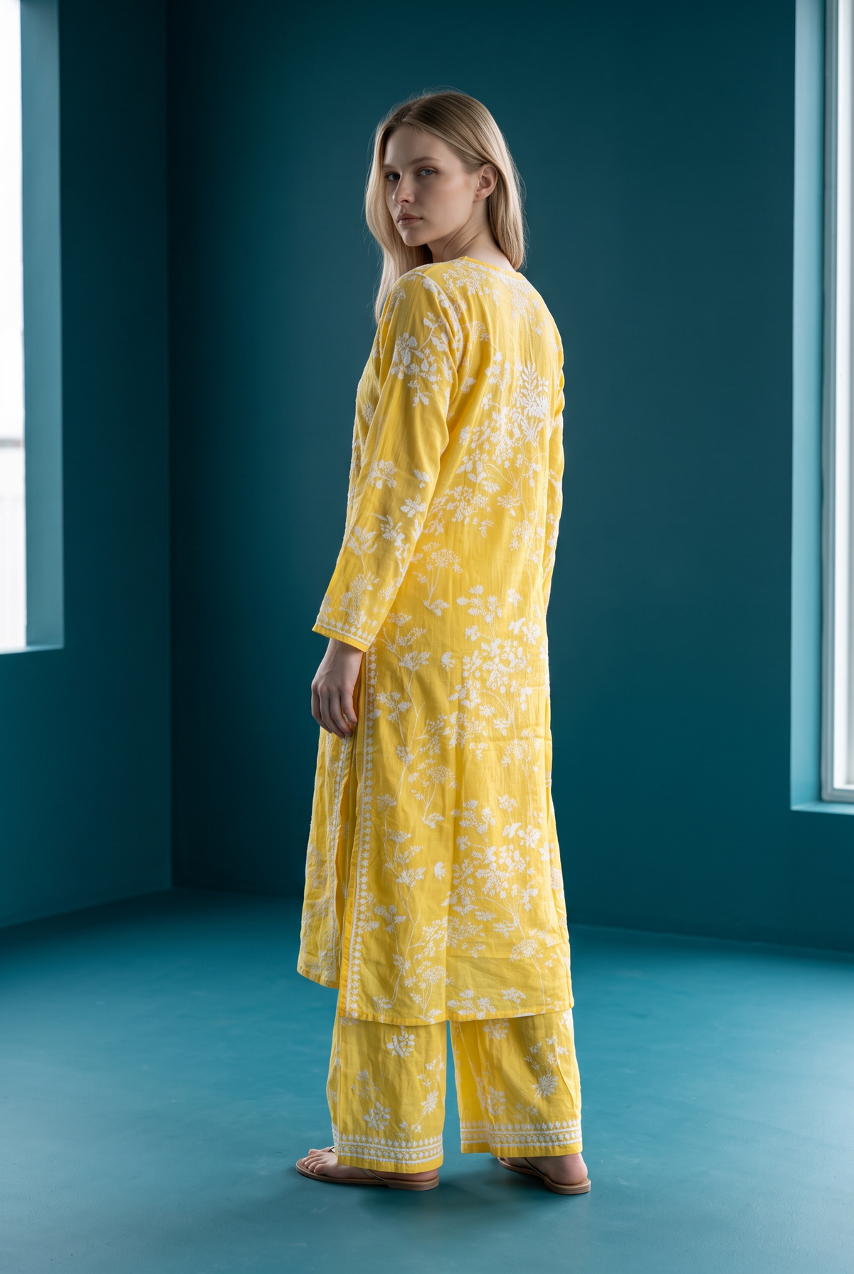 Hand Chikankari Printed Cotton Kurta Palazzo Set