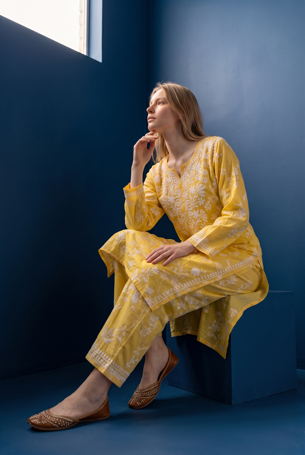 Hand Chikankari Printed Cotton Kurta Palazzo Set
