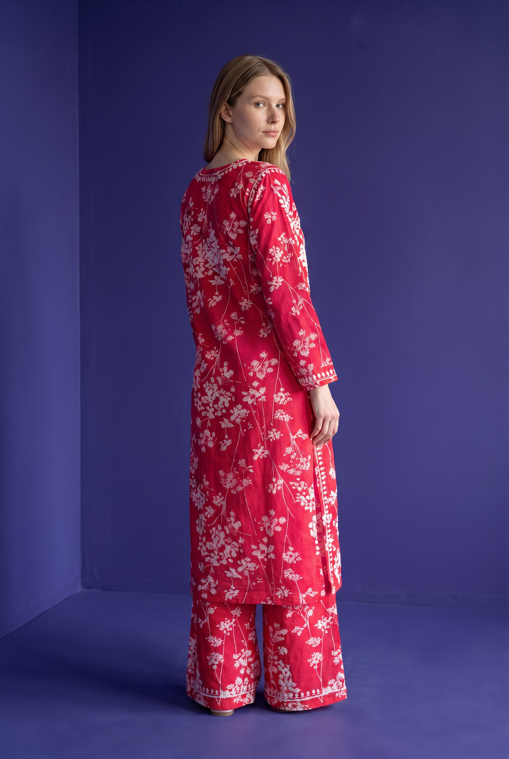 Hand Chikankari Printed Cotton Kurta Palazzo Set