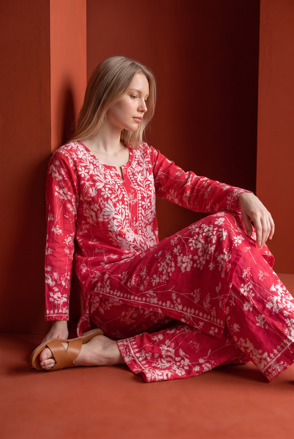 Hand Chikankari Printed Cotton Kurta Palazzo Set