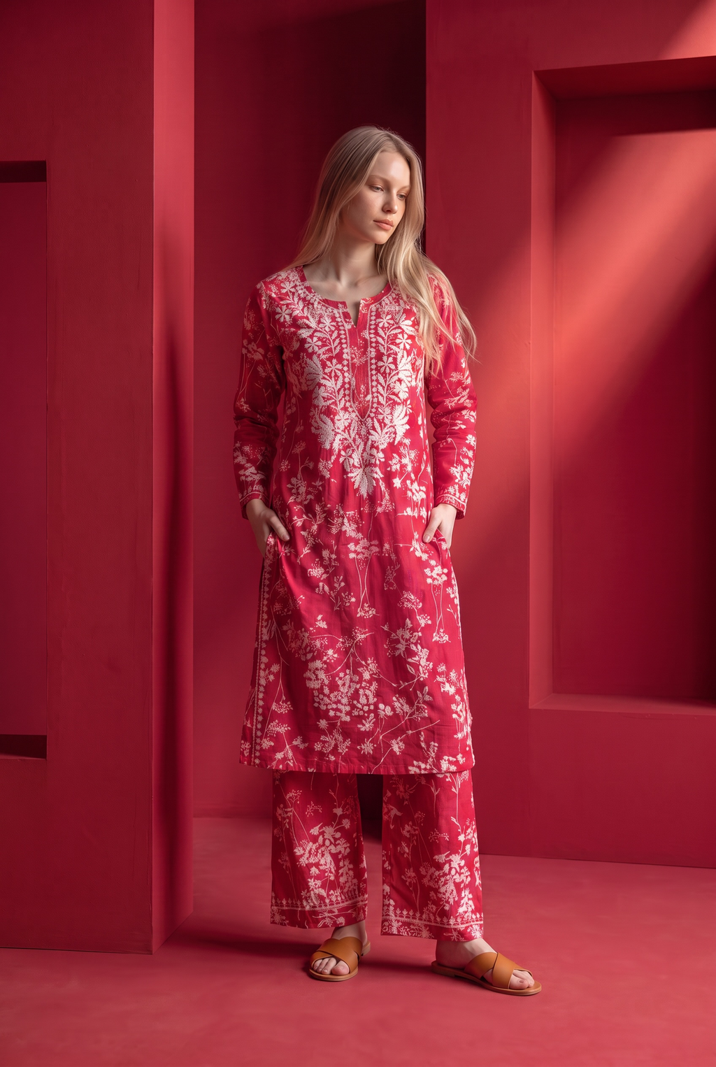 Hand Chikankari Printed Cotton Kurta Palazzo Set