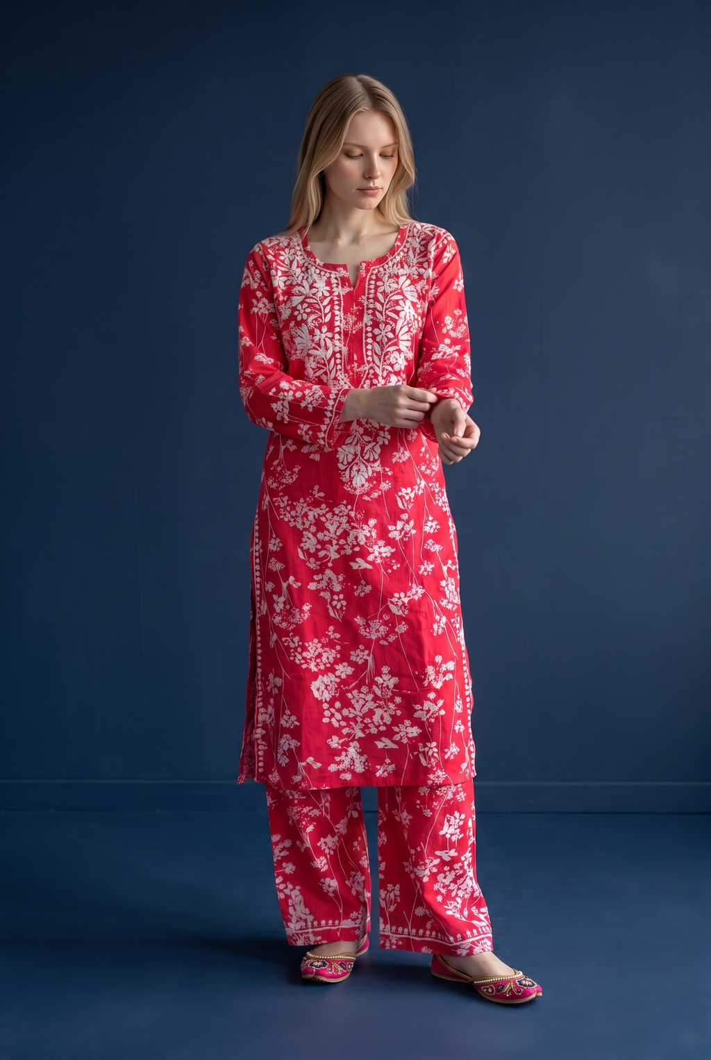 Hand Chikankari Printed Cotton Kurta Palazzo Set