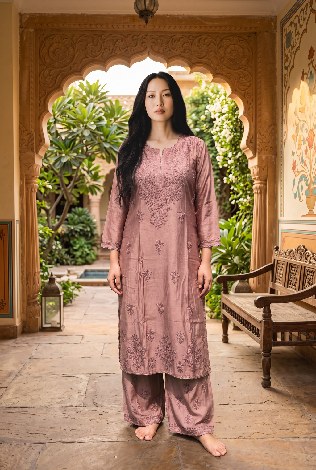 Brown Chanderi Chikankari Kurta Set