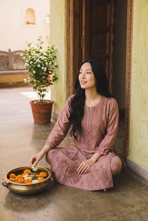 Brown Chanderi Chikankari Kurta Set