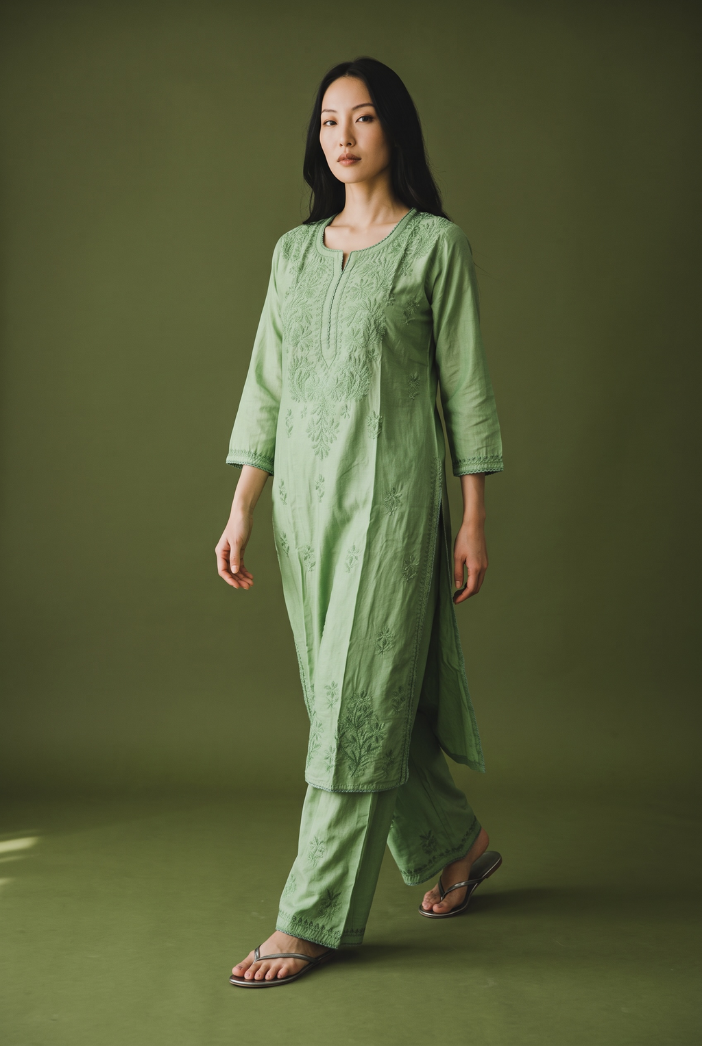 Green Chanderi Chikankari Kurta Set