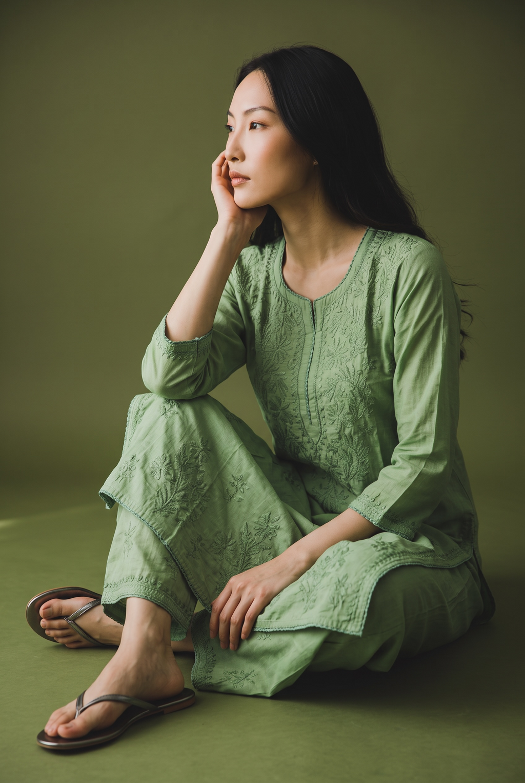Green Chanderi Chikankari Kurta Set