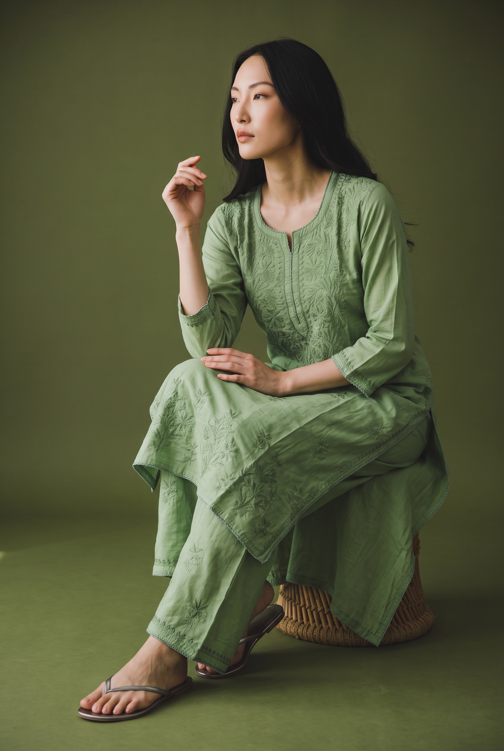 Green Chanderi Chikankari Kurta Set