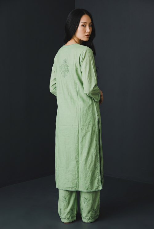 Green Chanderi Chikankari Kurta Set