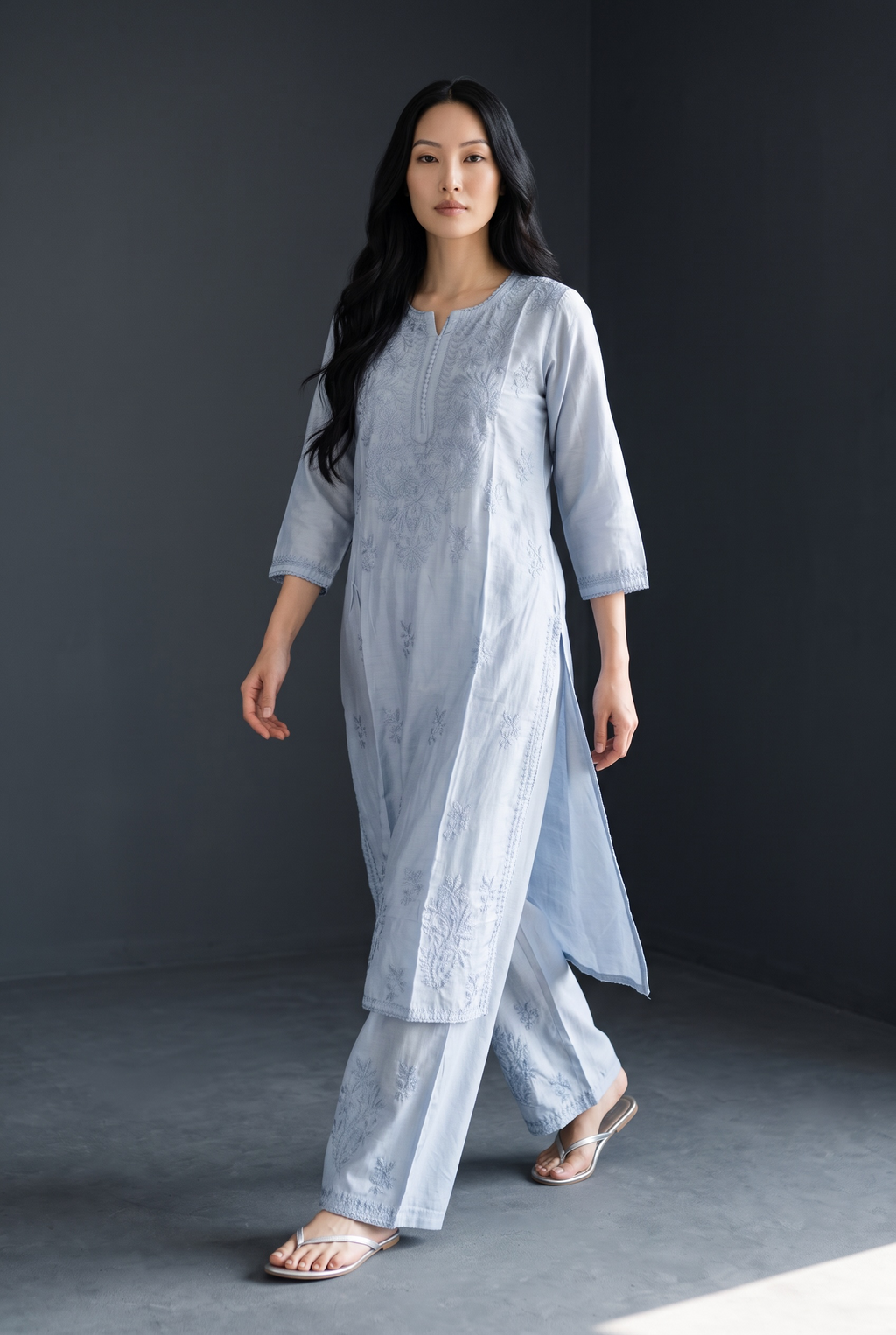 Powder Blue Chanderi Chikankari Kurta Set