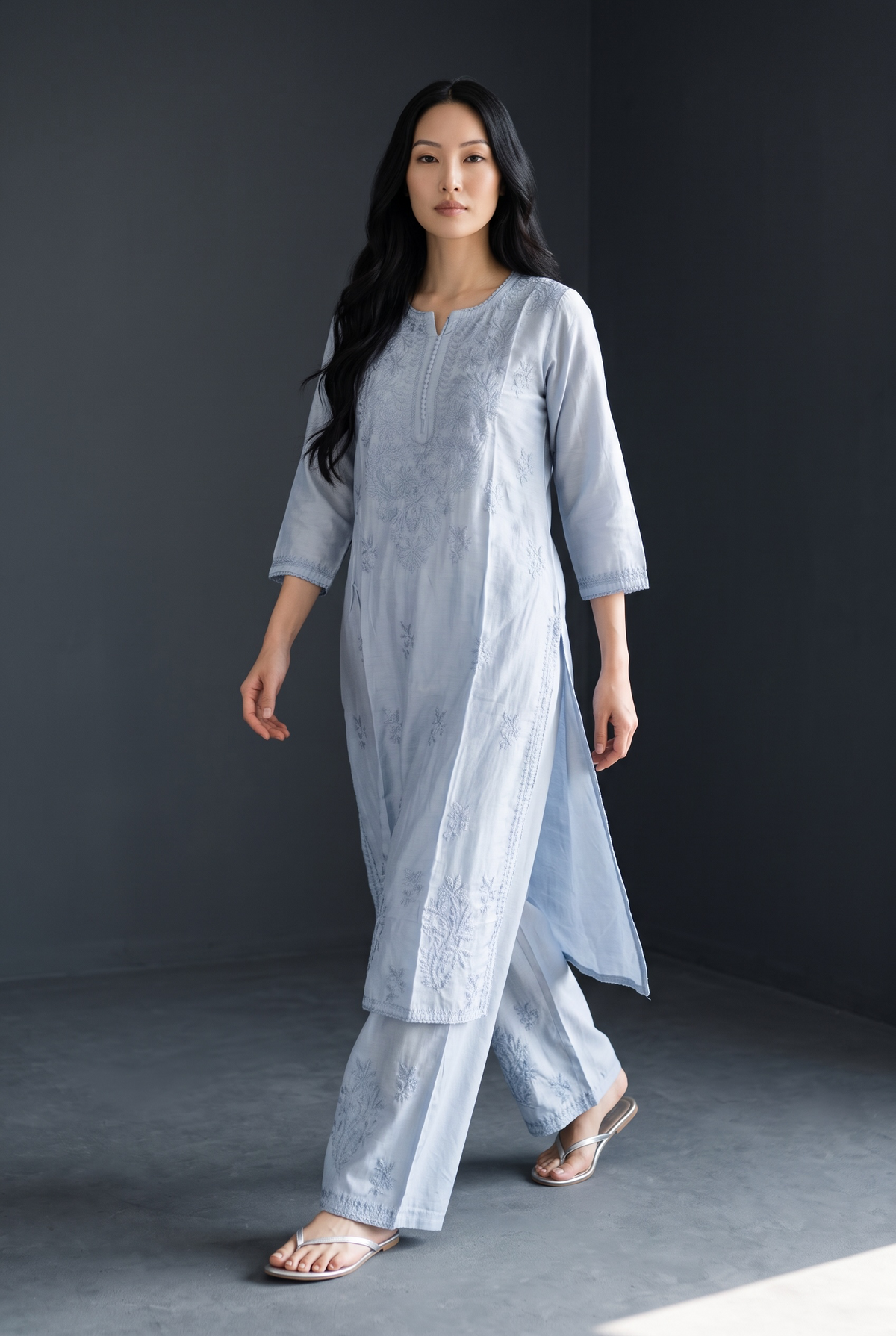 Powder Blue Chanderi Chikankari Kurta Set