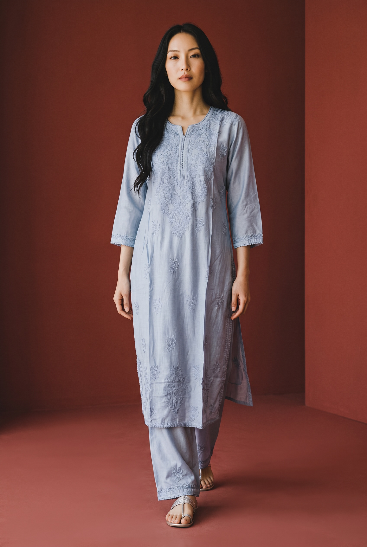 Powder Blue Chanderi Chikankari Kurta Set