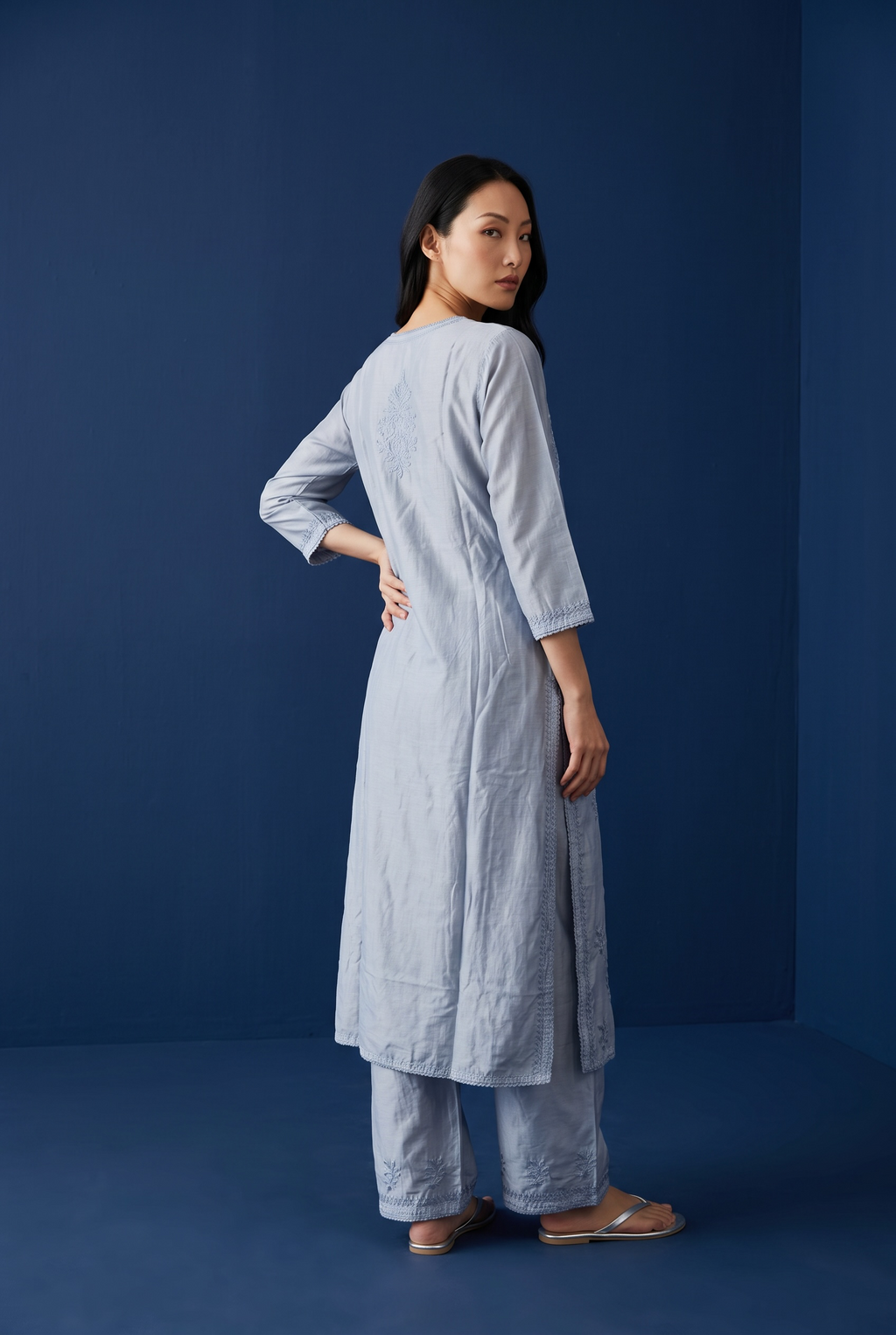 Powder Blue Chanderi Chikankari Kurta Set