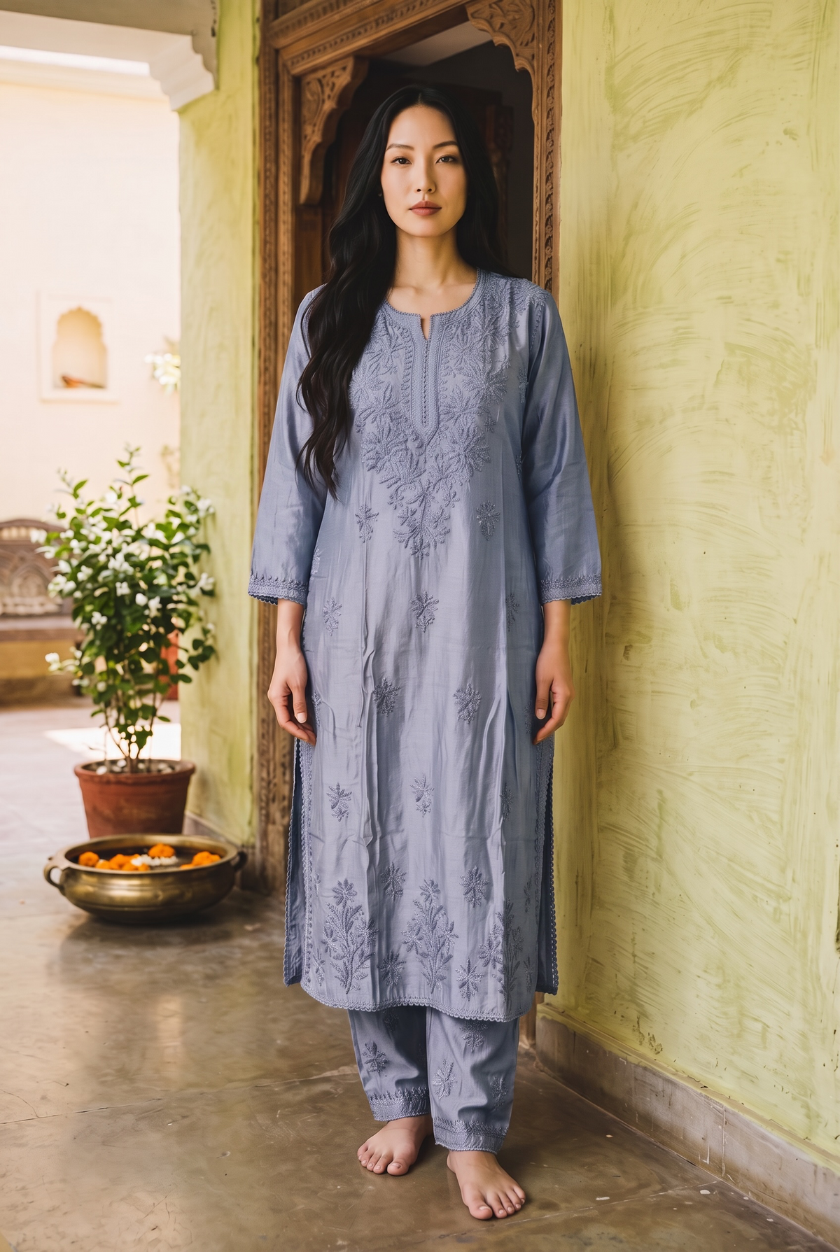 Powder Blue Chanderi Chikankari Kurta Set